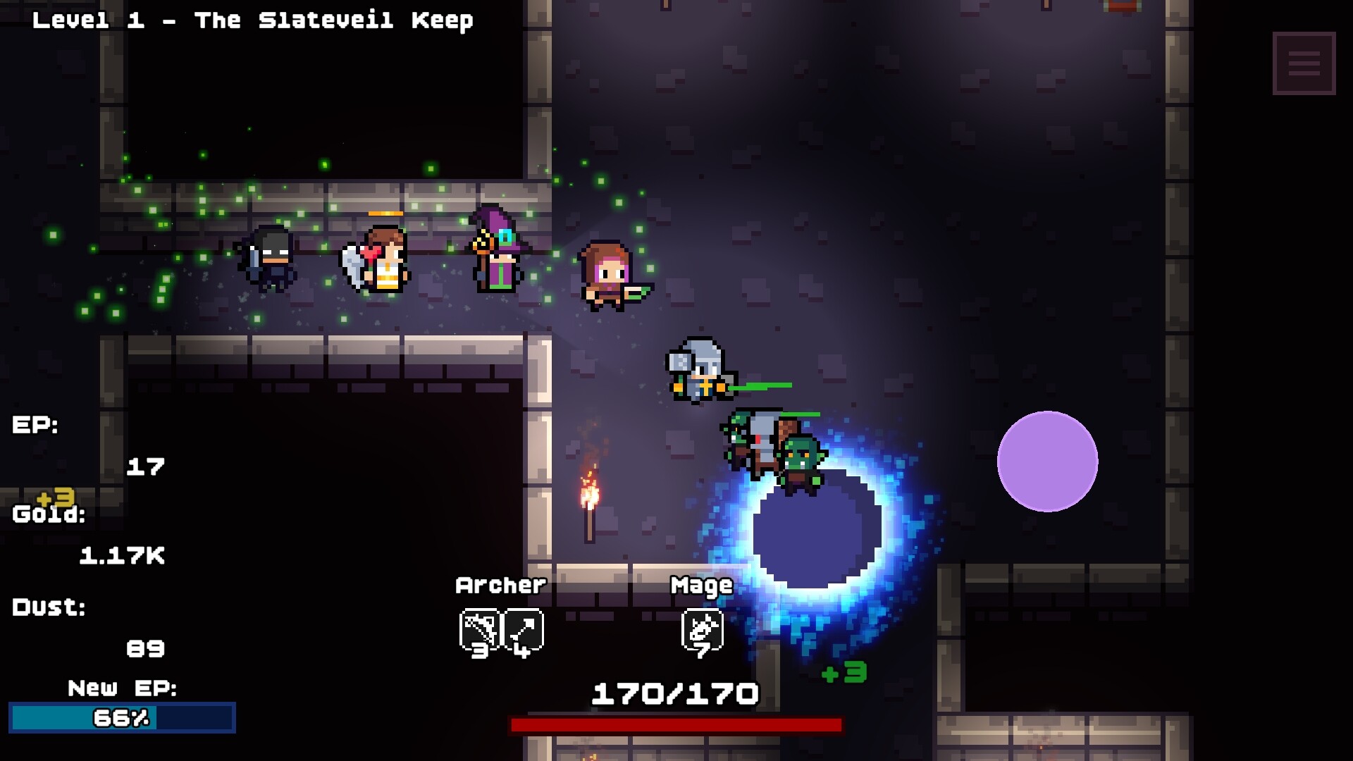 Loop Dungeon battle screenshot showing an Archer and a Mage fighting enemies near a dark portal.